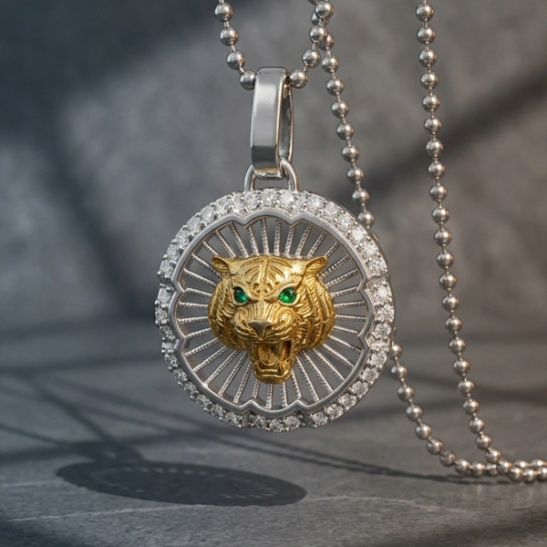 Zweifarbig plattierte Kette in Form eines durchbrochenen Tiger-Medaillons mit Steinbesatz