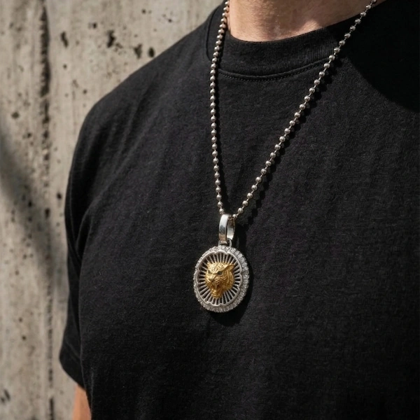 Zweifarbig plattierte Kette in Form eines durchbrochenen Tiger-Medaillons mit Steinbesatz