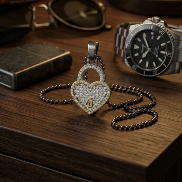 Markazit Taşlı İki Renk Özel Yüzey Kaplama Kalp Kilit Kolye