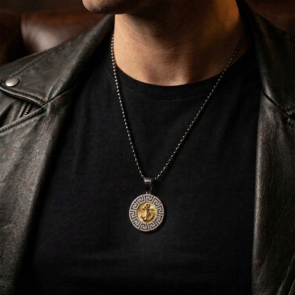 Markazit Taşlı Özel Yüzey İki Renk Kaplama Halatlı Madalyon Çapa Kolye