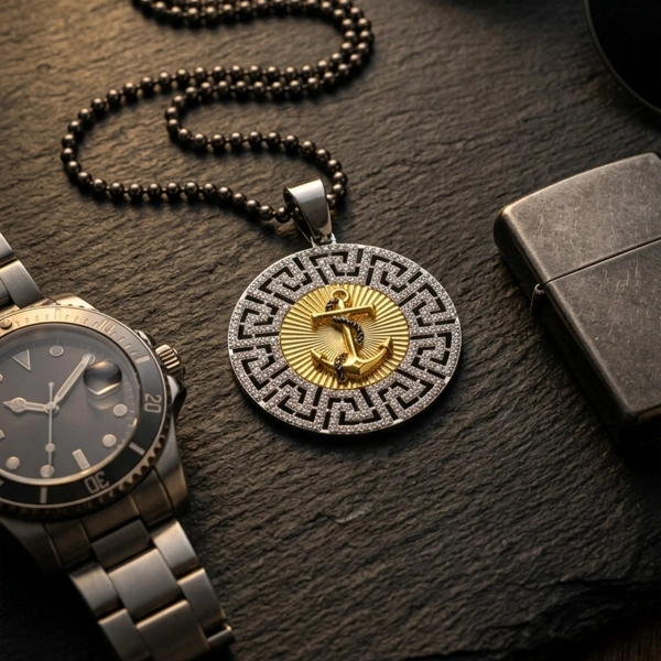 Markazit Taşlı Özel Yüzey İki Renk Kaplama Halatlı Madalyon Çapa Kolye