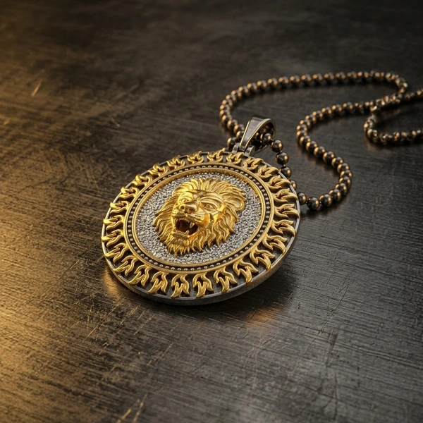 İki Renk Özel Yüzey Kaplama Aslan Madalyon Kolye