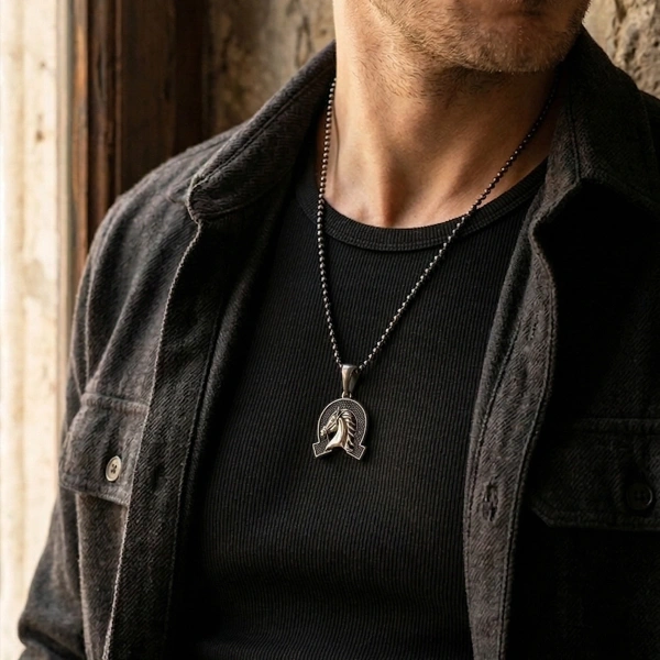 Özel Yüzey Kaplamalı Kenarları Taşlı Nallı At Madalyon Kolye