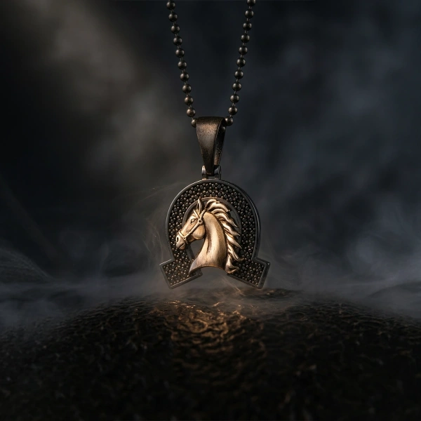 Special Surface Two Color Coated Horseshoe Horse Medallion Necklace with Stone Edges