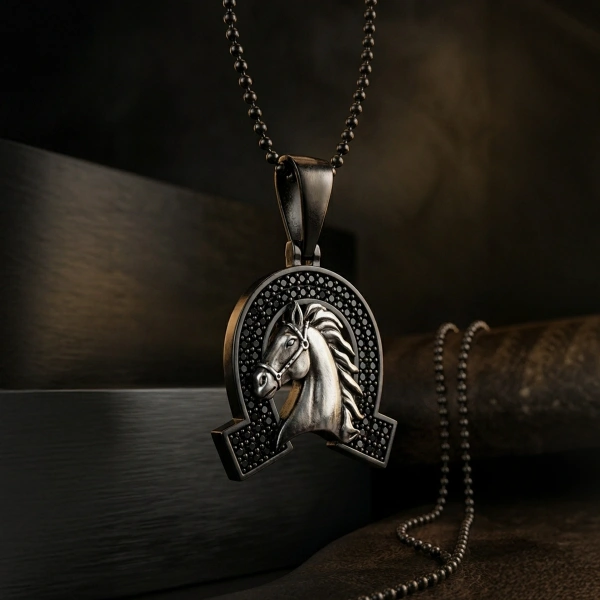 Special Surface Two Color Coated Horseshoe Horse Medallion Necklace with Stone Edges