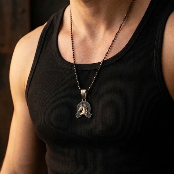 Special Surface Two Color Coated Horseshoe Horse Medallion Necklace with Stone Edges