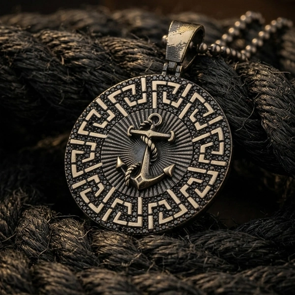 Markazit Taşlı Özel Yüzey Kaplama Halatlı Madalyon Çapa Kolye