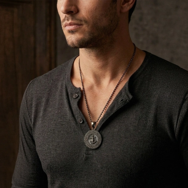 Markazit Taşlı Özel Yüzey Kaplama Halatlı Madalyon Çapa Kolye