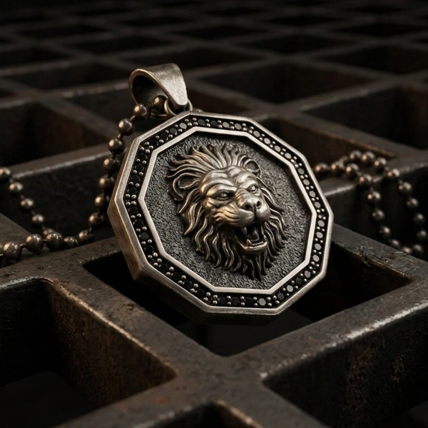 Özel Yüzey Kaplamalı Kenarları Taşlı Aslan Madalyon Kolye