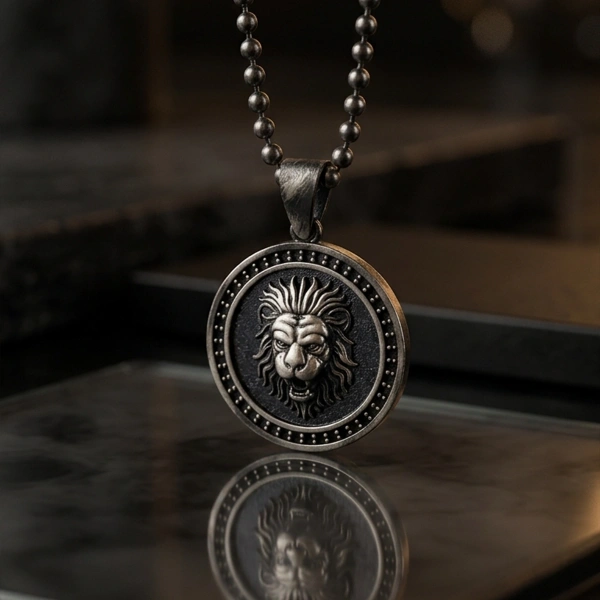 Özel Yüzey Kaplamalı Kenarları Taşlı Aslan Madalyon Kolye
