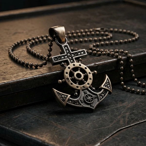 Markazit Taşlı Özel Yüzey Kaplama Halatlı Dümenli Çapa Kolye