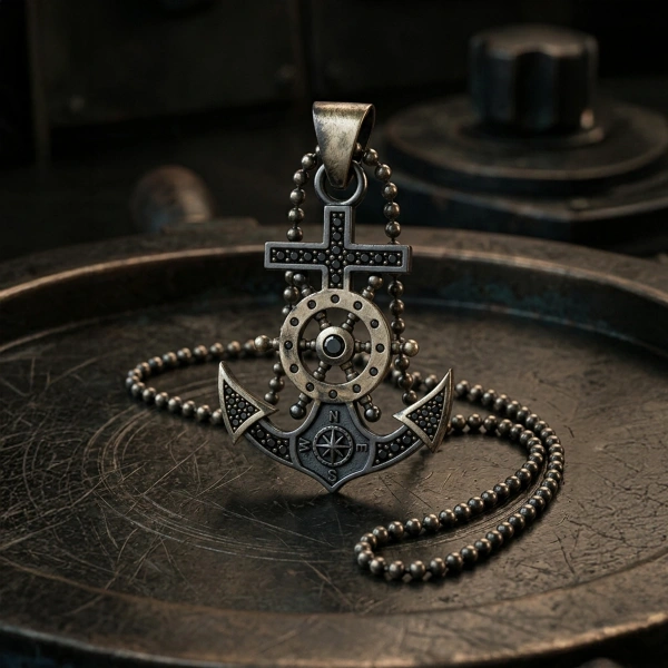 Markazit Taşlı Özel Yüzey Kaplama Halatlı Dümenli Çapa Kolye