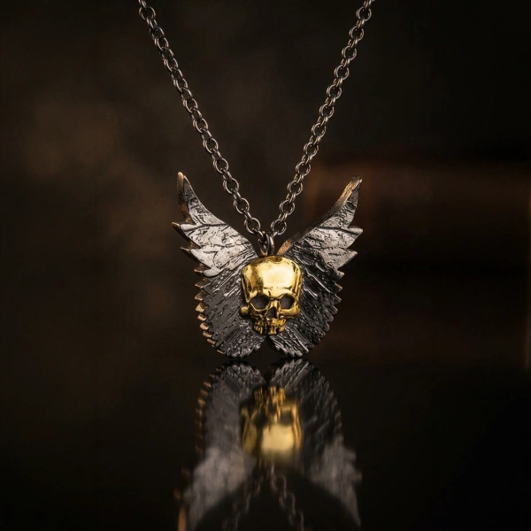 Modern Oxidized Double Color Special Cut Angel Skull Silver Necklace
