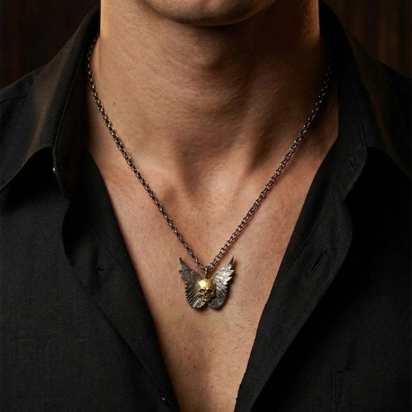 Modern Oxidized Double Color Special Cut Angel Skull Silver Necklace