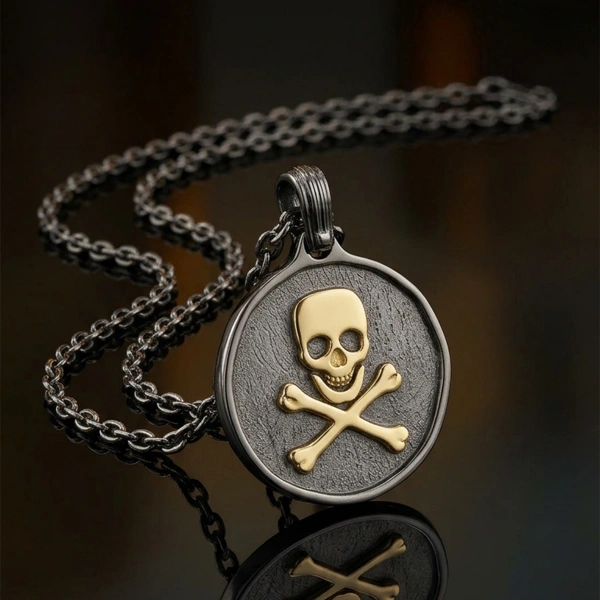 Çift Renkli Kurukafa Madalyon Gümüş Kolye