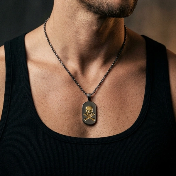 İki Renkli Kurukafa Künye Gümüş Kolye