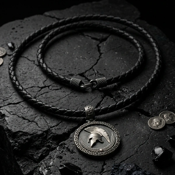 Sparta Miğfer Gümüş Kolye Derili Oksitli