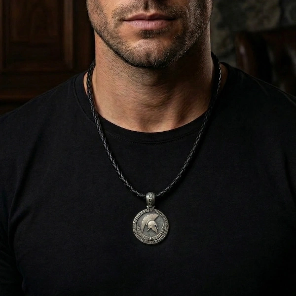 Sparta Miğfer Gümüş Kolye Derili Oksitli