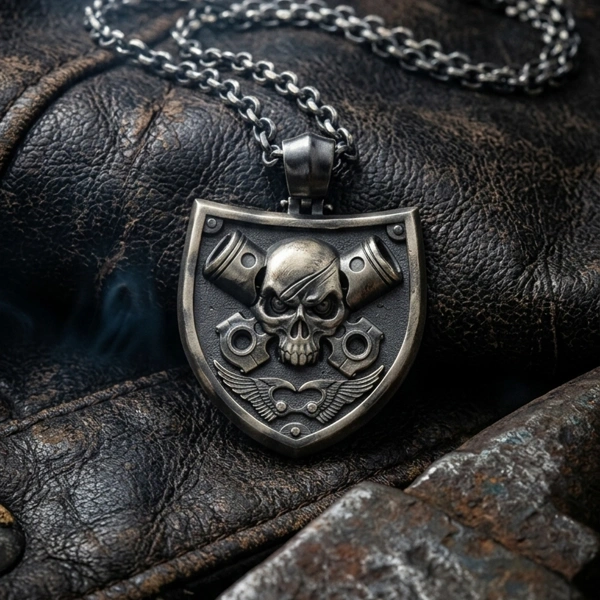 Oxidized Skull Epaulette Silver Necklace
