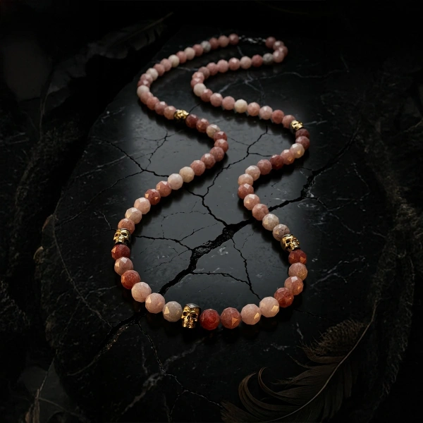 Çilek Quartz Taşlı Kurukafa Detaylı Gümüş Kolye