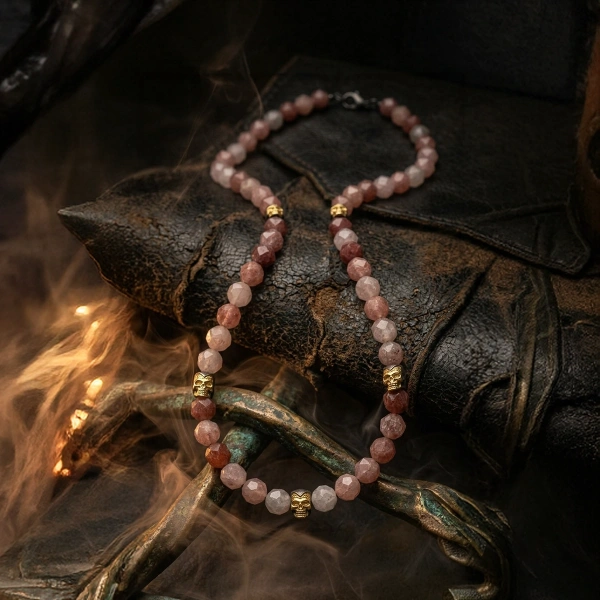 Çilek Quartz Taşlı Kurukafa Detaylı Gümüş Kolye