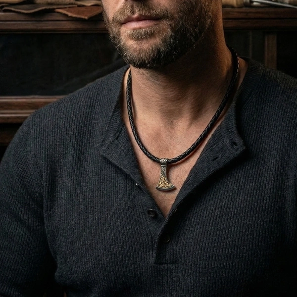 Altın Yaldızlı Derili Balta Gümüş Kolye