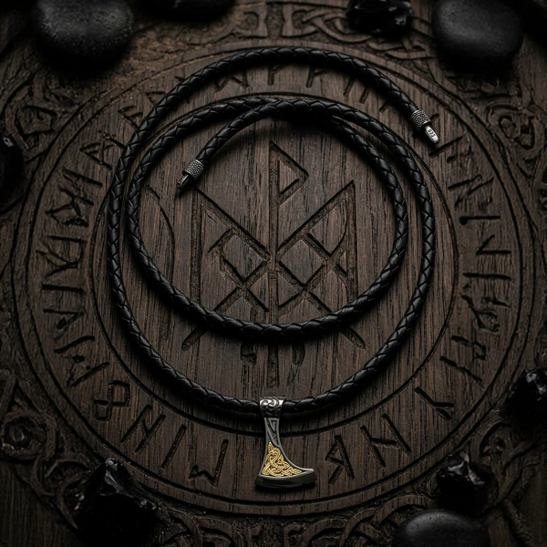 Altın Yaldızlı Derili Balta Gümüş Kolye