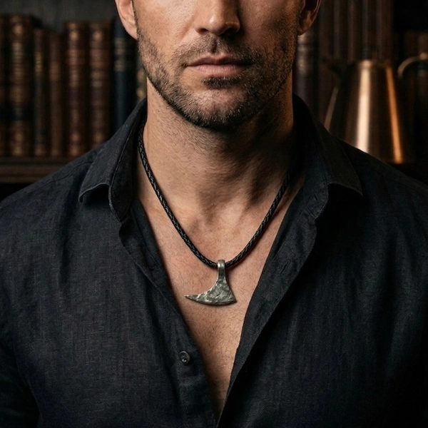 Oksitli Derili Büyük Balta Gümüş Kolye