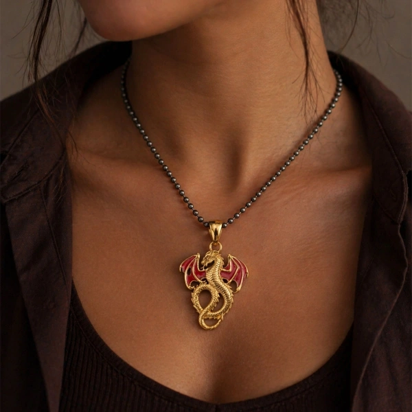 Çift Taraflı Ejderha Gümüş Kolye