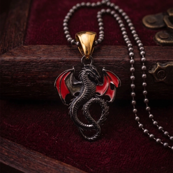 Çift Taraflı Ejderha Gümüş Kolye
