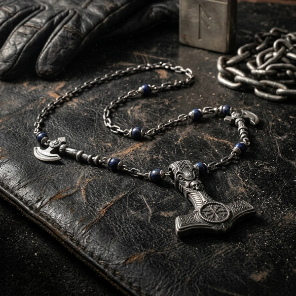 Viking Battle Axe Silver Necklace with Dark Totem Lapis Stone