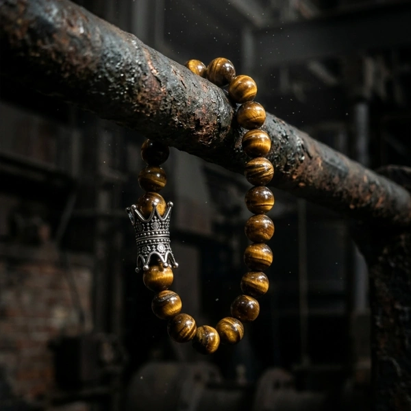 Tiger Eye Stone King Crown Oxidized Silver Spacer Elastic Bracelet