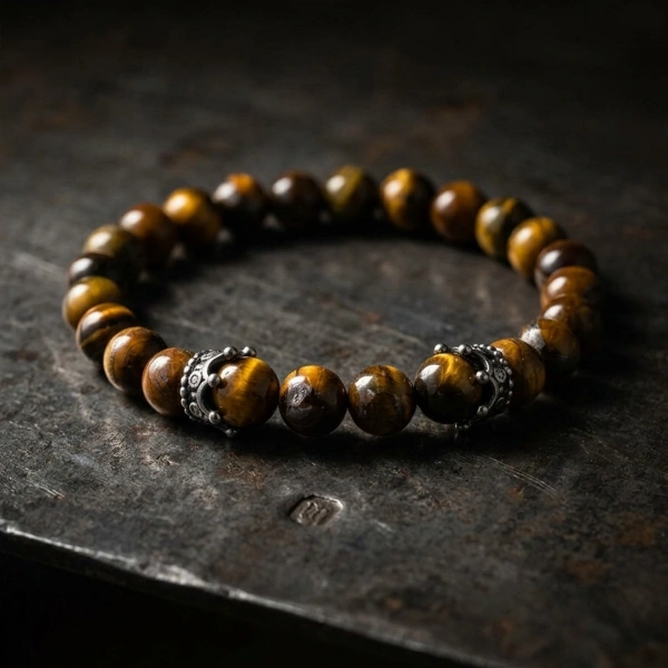 Tiger Eye Stone King Crown Oxidized Silver Spacer Elastic Bracelet