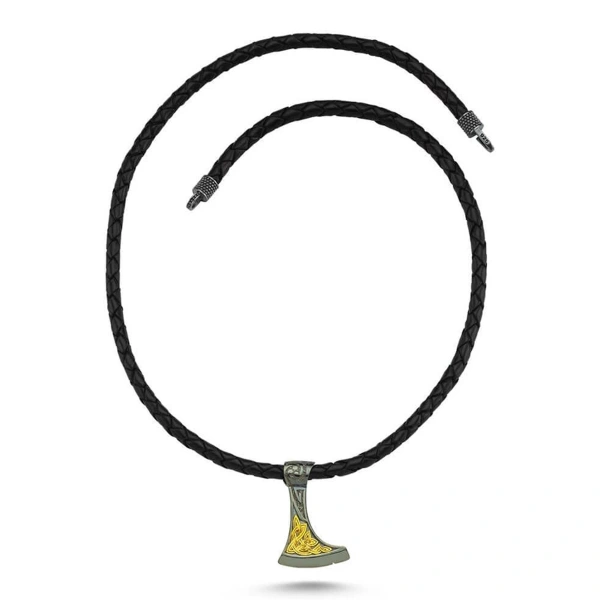 Altın Yaldızlı Derili Balta Gümüş Kolye