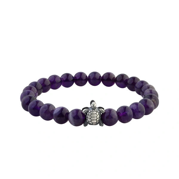 Ametist Taşlı Kaplumbağa Oksitli Gümüş Ara Parçalı Elastik Bileklik