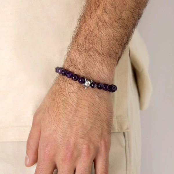 Ametist Taşlı Kaplumbağa Oksitli Gümüş Ara Parçalı Elastik Bileklik