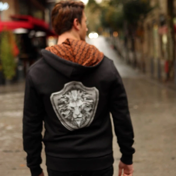 Arkada Aslan Apolet Baskılı Kapşon Turuncu Kurukafalı Siyah/Gri Seçenekli Fermuarlı Sweatshirt