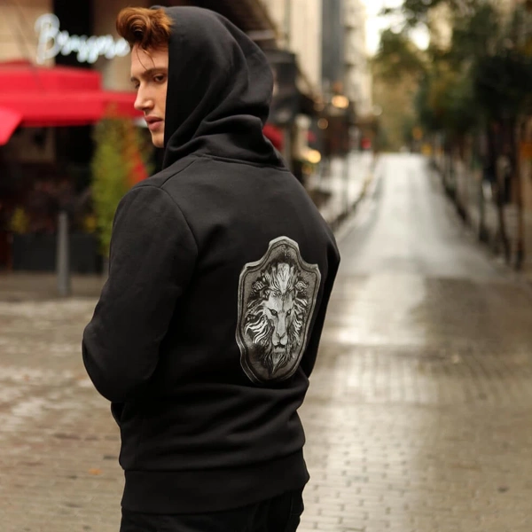 Arkada Aslan Apolet Baskılı Kapşon Turuncu Kurukafalı Siyah/Gri Seçenekli Fermuarlı Sweatshirt