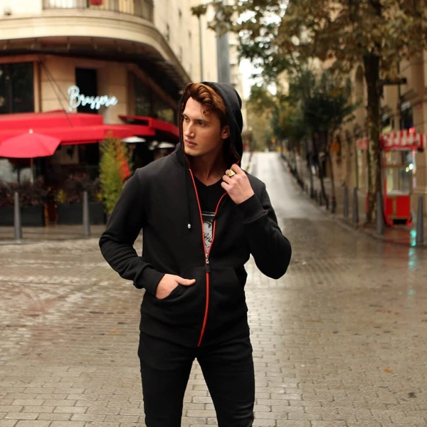 Arkada Aslan Apolet Baskılı Kapşon Turuncu Kurukafalı Siyah/Gri Seçenekli Fermuarlı Sweatshirt