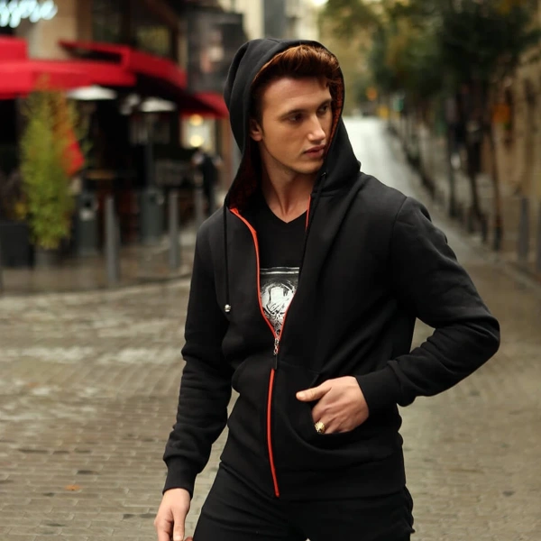 Arkada Aslan Apolet Baskılı Kapşon Turuncu Kurukafalı Siyah/Gri Seçenekli Fermuarlı Sweatshirt