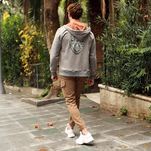 Arkada Aslan Apolet Baskılı Kapşon Turuncu Kurukafalı Siyah/Gri Seçenekli Fermuarlı Sweatshirt