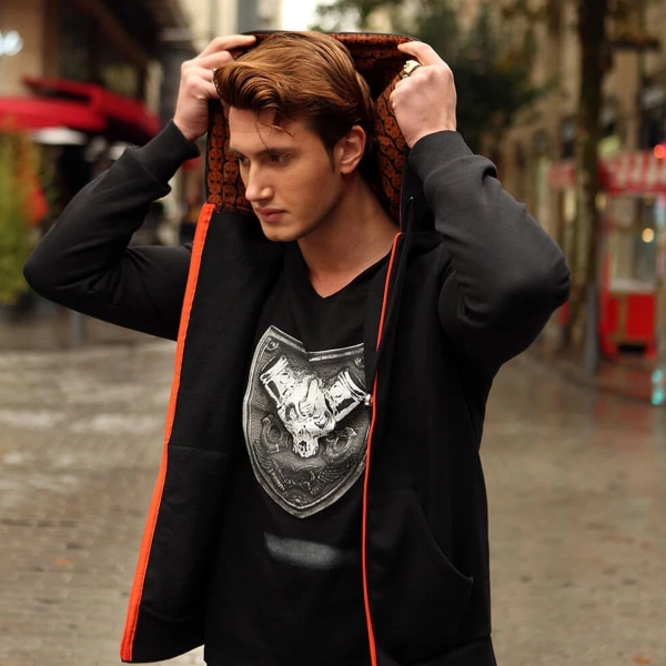 Arkada Aslan Apolet Baskılı Kapşon Turuncu Kurukafalı Siyah/Gri Seçenekli Fermuarlı Sweatshirt