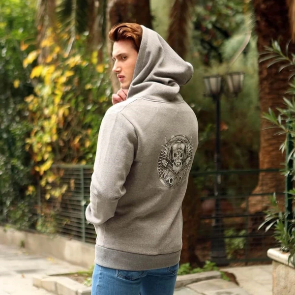 Arkada Kuru Kafa Apolet Baskılı Kangro Cepli Fermarlı Kapşon Turuncu Kurukafalar Baskılı Gri Sweatshirt