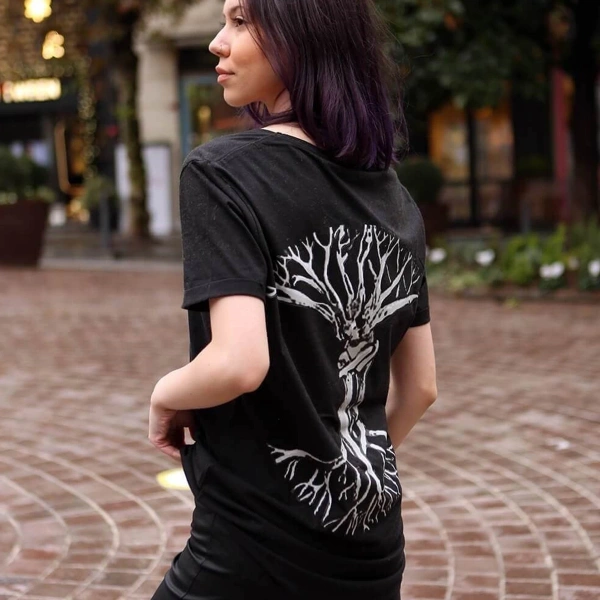 Arkası Aşk Çınarı Baskılı Bisiklet Yaka Bayan Siyah Uzun Tişört