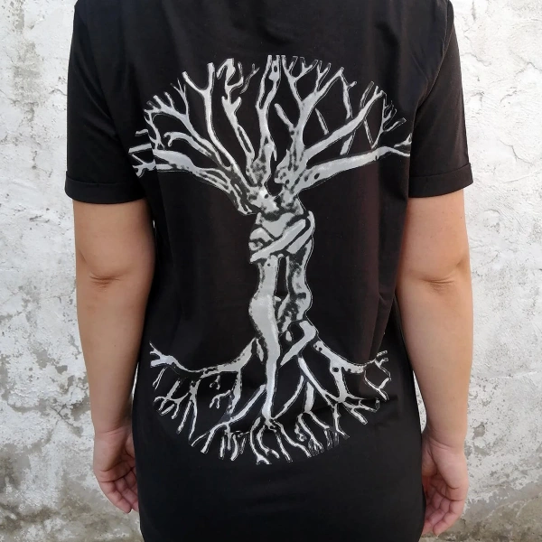 Arkası Aşk Çınarı Baskılı Bisiklet Yaka Bayan Siyah Uzun Tişört