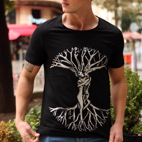 Aşk Çınarı Baskılı Bisiklet Yaka Erkek Siyah Tişört