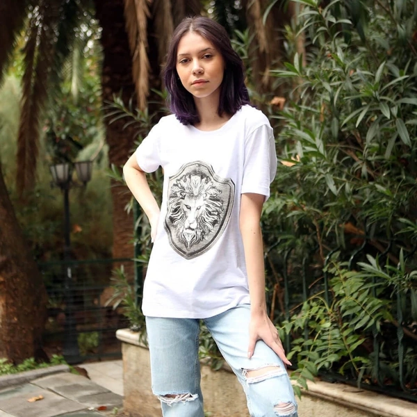 Aslan Apolet Baskılı Bisiklet Yaka Beyaz Tişört