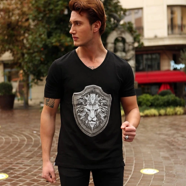 Aslan Apolet Baskılı V Yaka Erkek Siyah Tişört