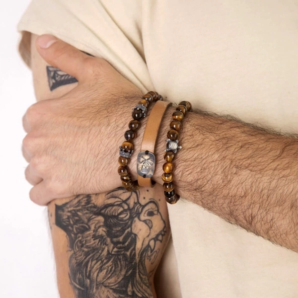 Camel Şerit Deri Kurukafa Gümüş Bileklik