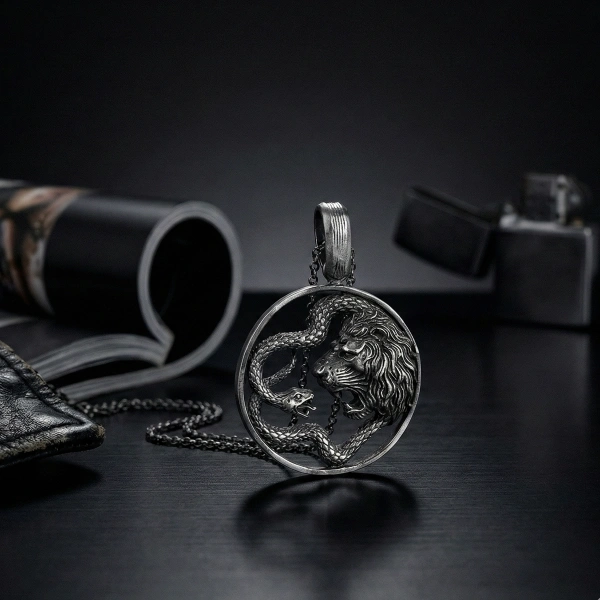 Çift Başlı Yılan Tılsım Özel Kaplama Yüzeyli Gümüş Kolye